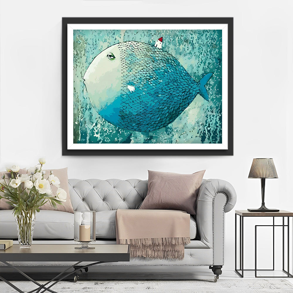 Gigantische Blauwe Vis en Klein Huis Diamond Painting
