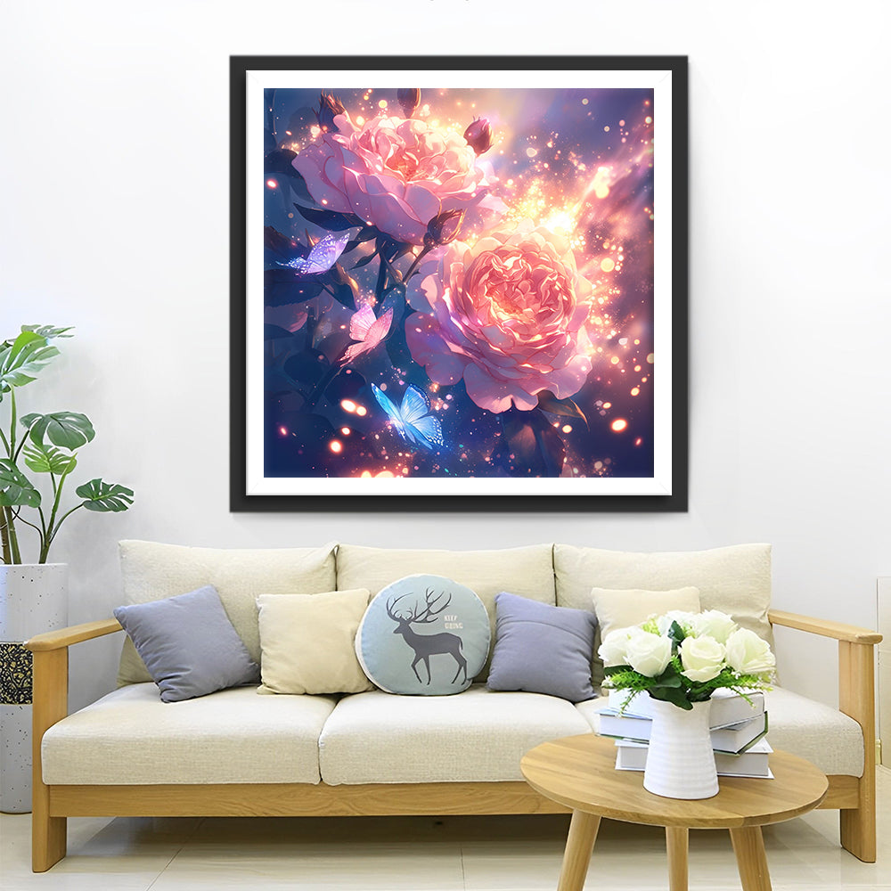 Gloedvolle Rozen en Vlinders in de Sterrennacht Diamond Painting