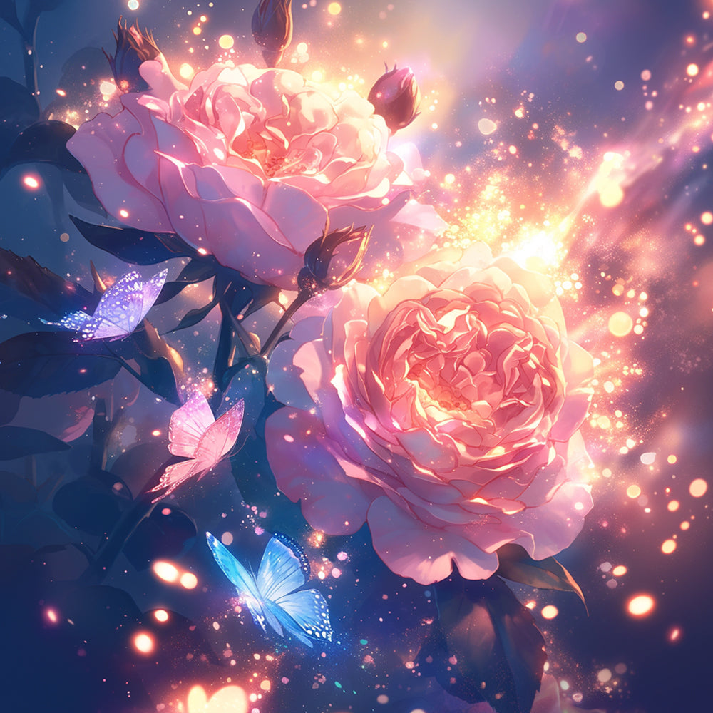 Gloedvolle Rozen en Vlinders in de Sterrennacht Diamond Painting