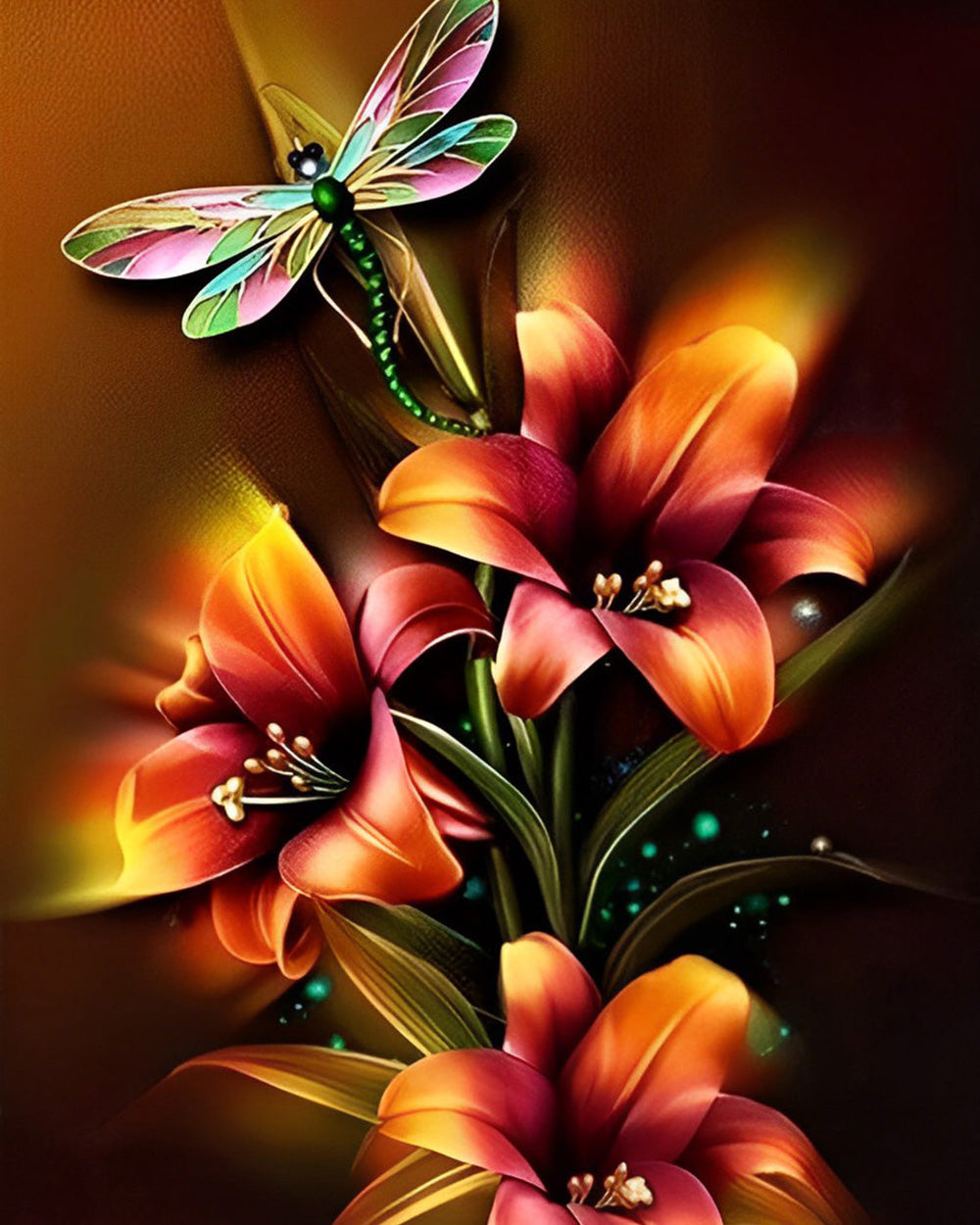 Gloeiende Lelies en Libelle Diamond Painting