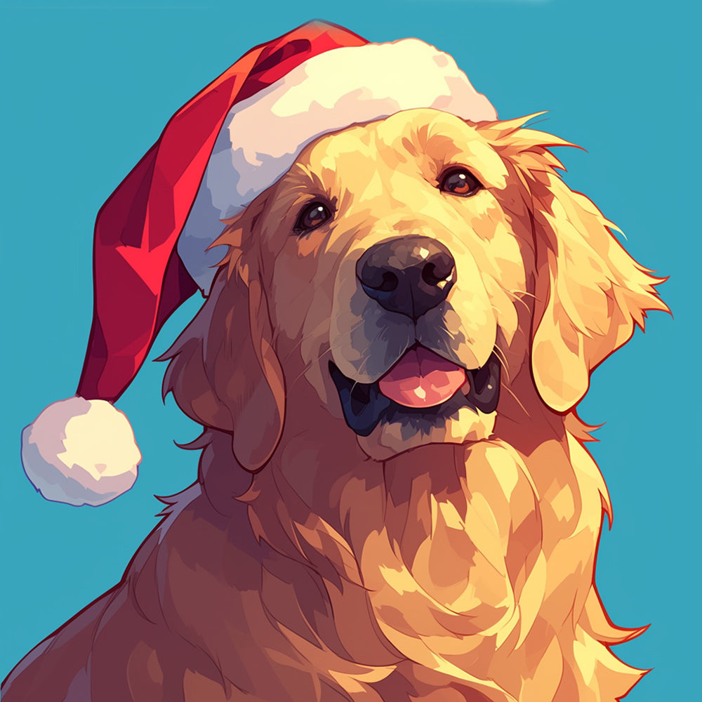 Golden Retriever met Rode Kerstmuts Diamond Painting