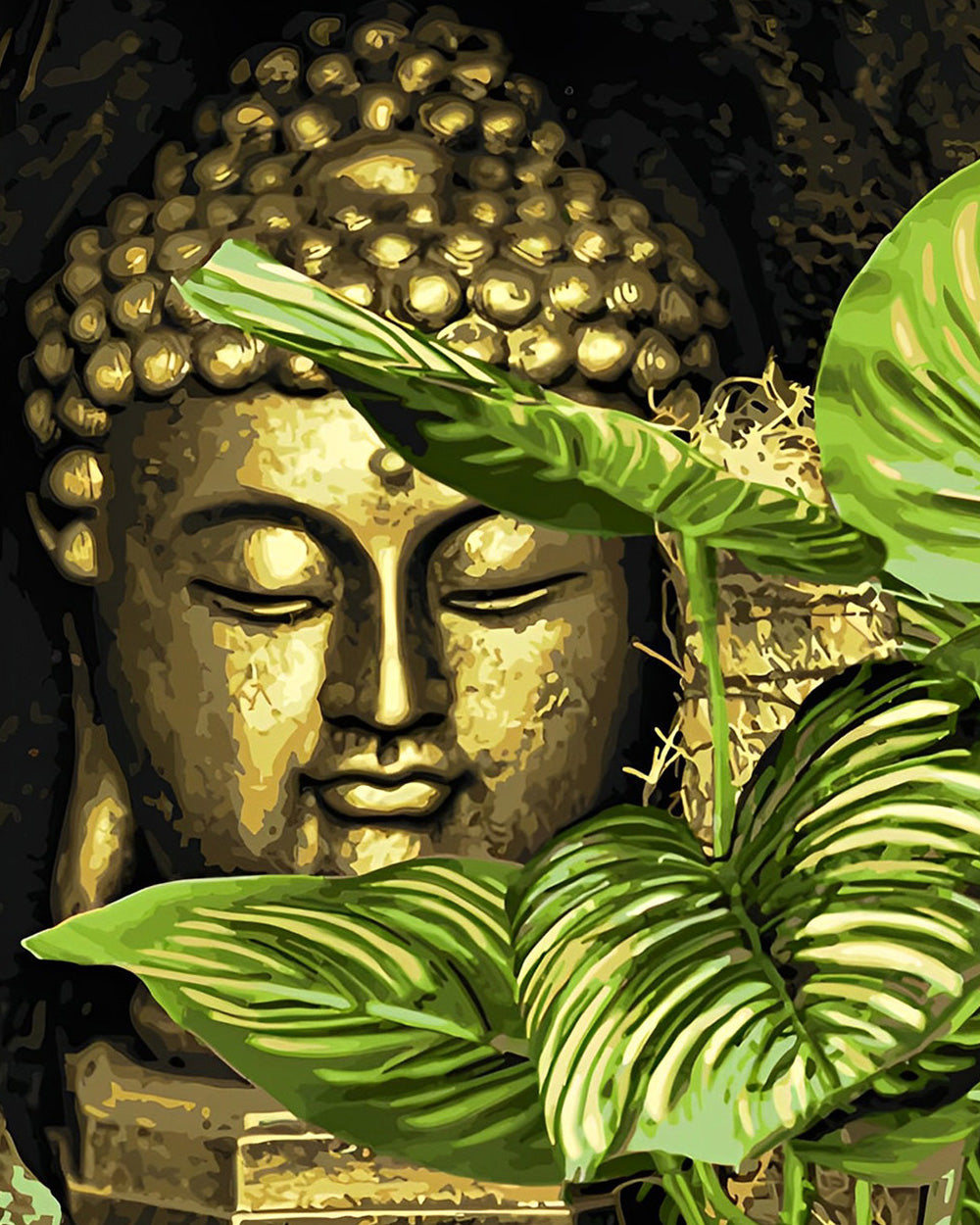 Gouden Boeddha en Groene Bladeren Diamond Painting
