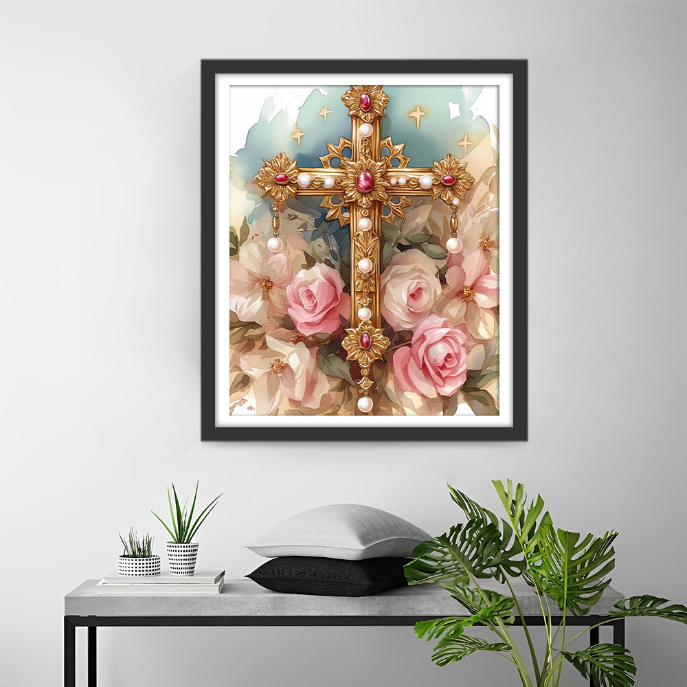 Gouden Kruis met Parels en Rozen Diamond Painting