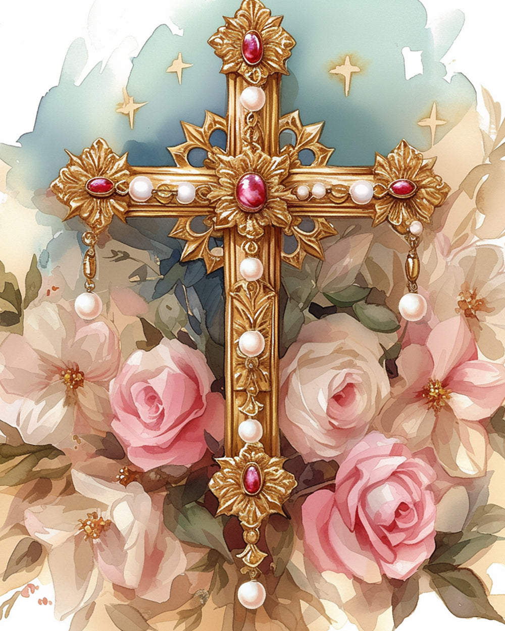 Gouden Kruis met Parels en Rozen Diamond Painting