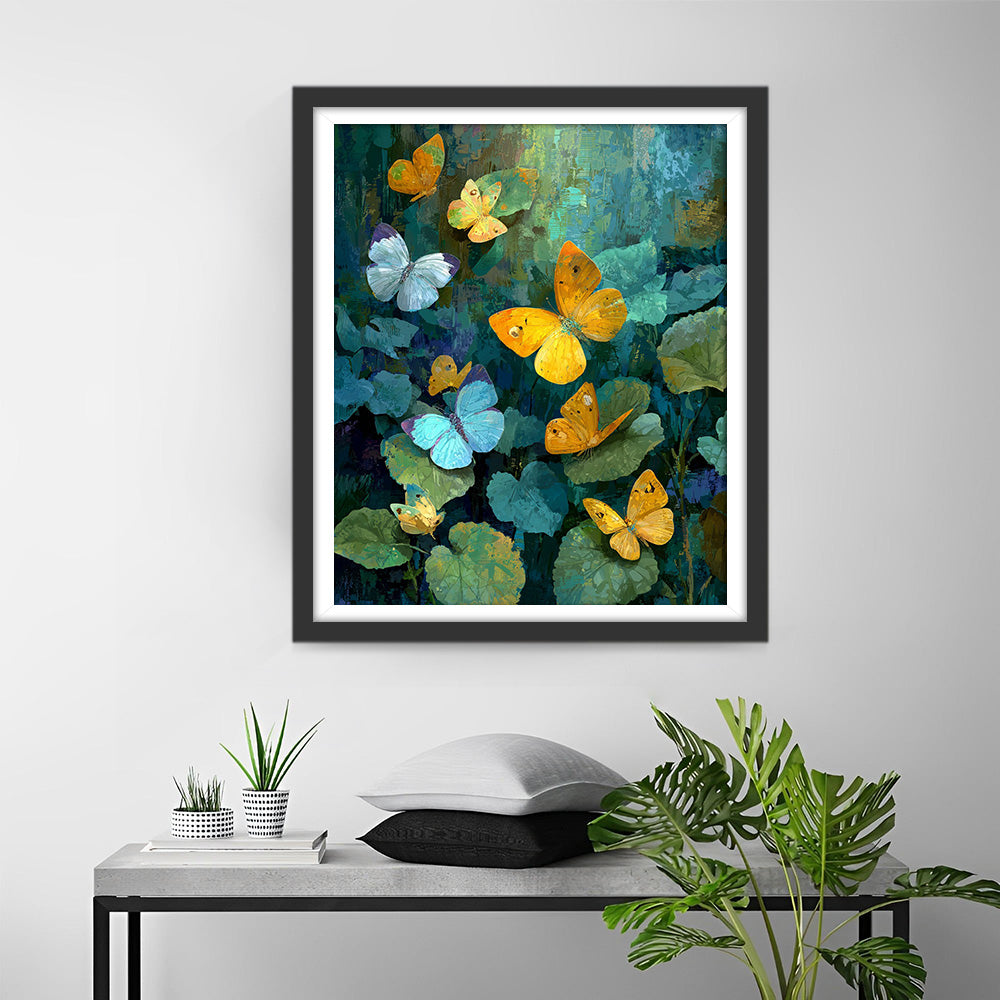 Gouden Vlinders op Groene Bladeren Diamond Painting