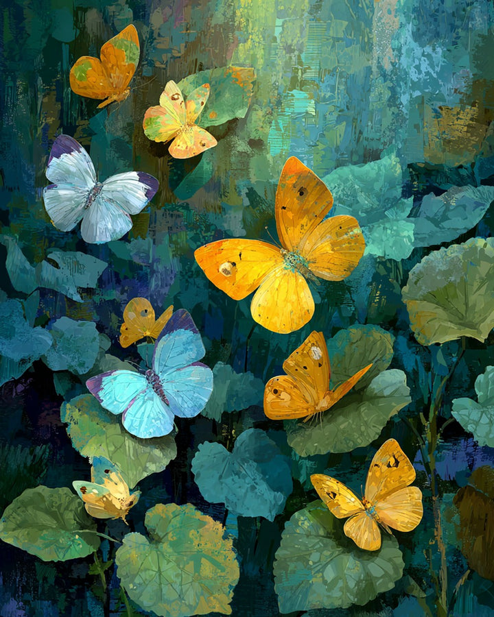 Gouden Vlinders op Groene Bladeren Diamond Painting