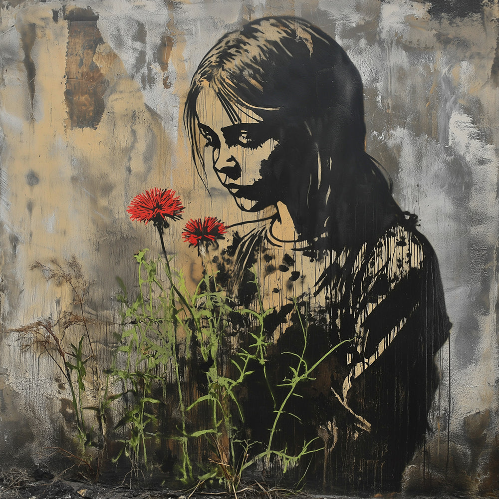 Graffiti Meisje en Rode Bloemen Diamond Painting