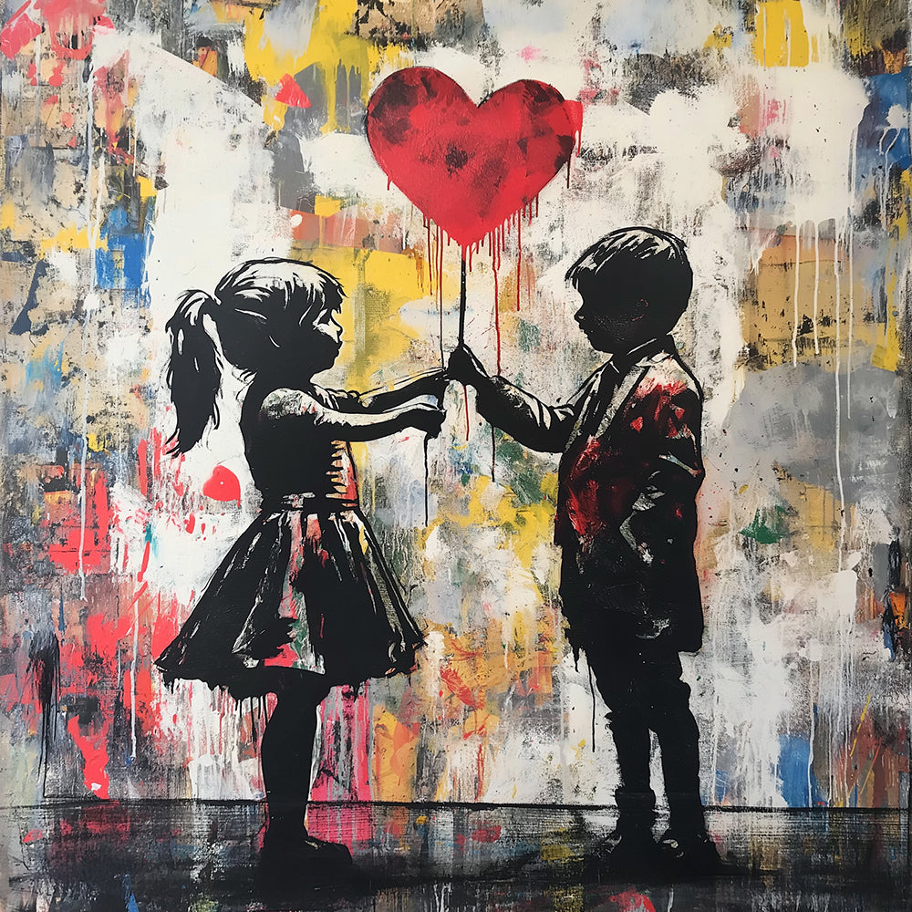 Graffiti van Jongen en Meisje met Hartballon Diamond Painting