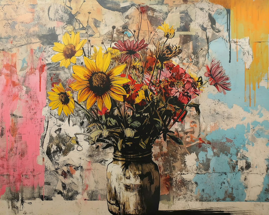 Graffiti van Zonnebloemen en Chrysanten Diamond Painting