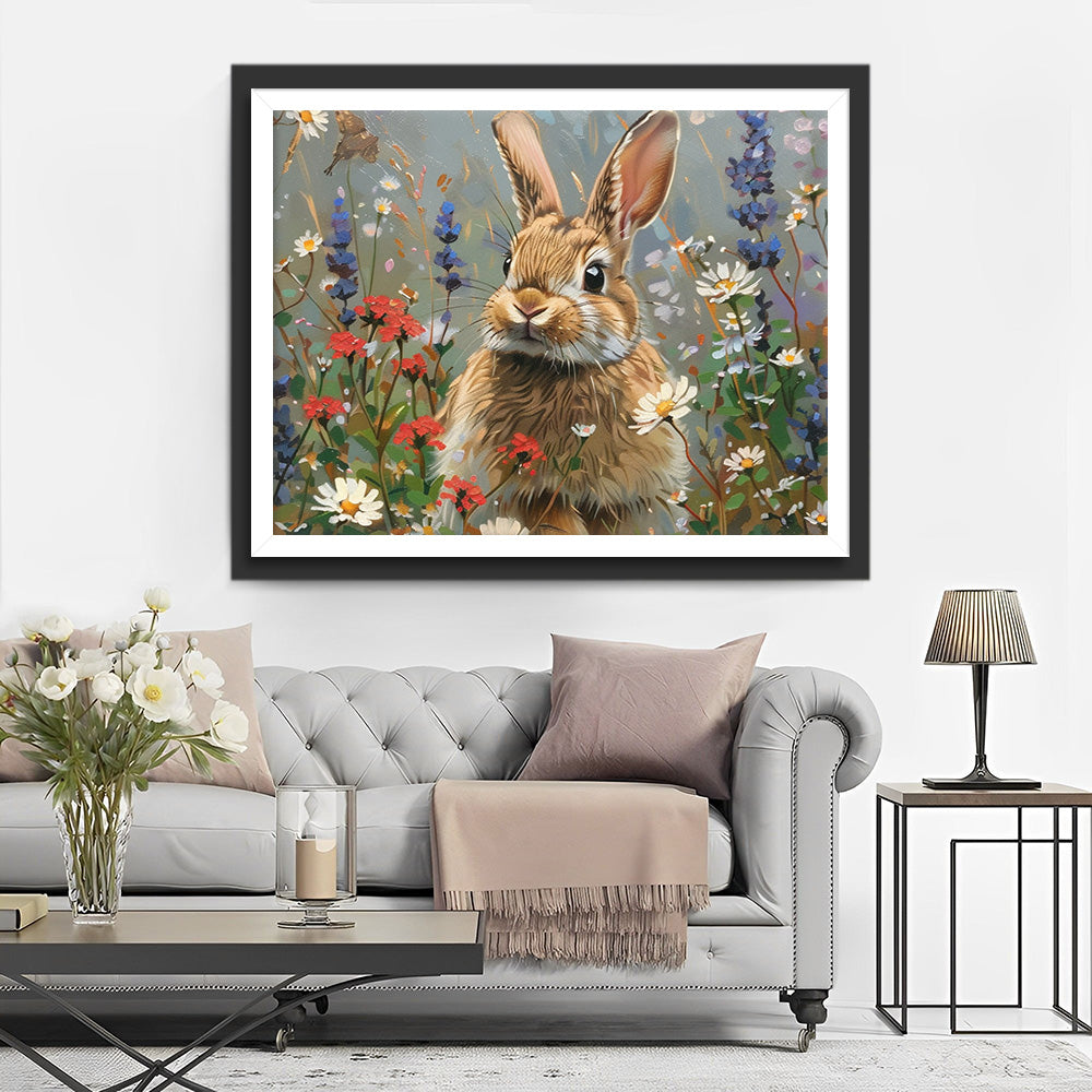 Grijs Konijn tussen Wilde Bloemen Diamond Painting