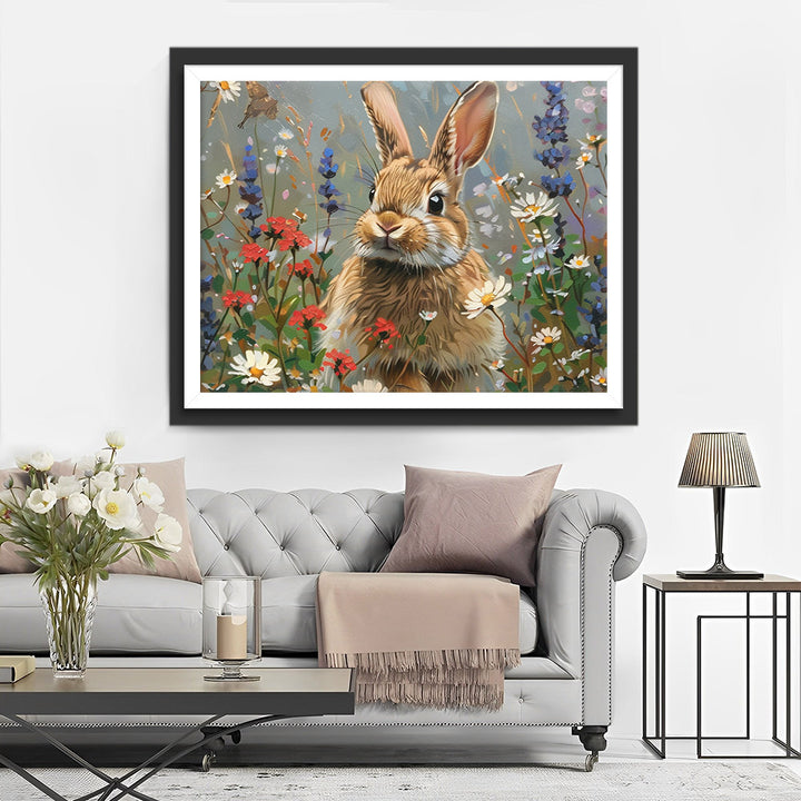 Grijs Konijn tussen Wilde Bloemen Diamond Painting