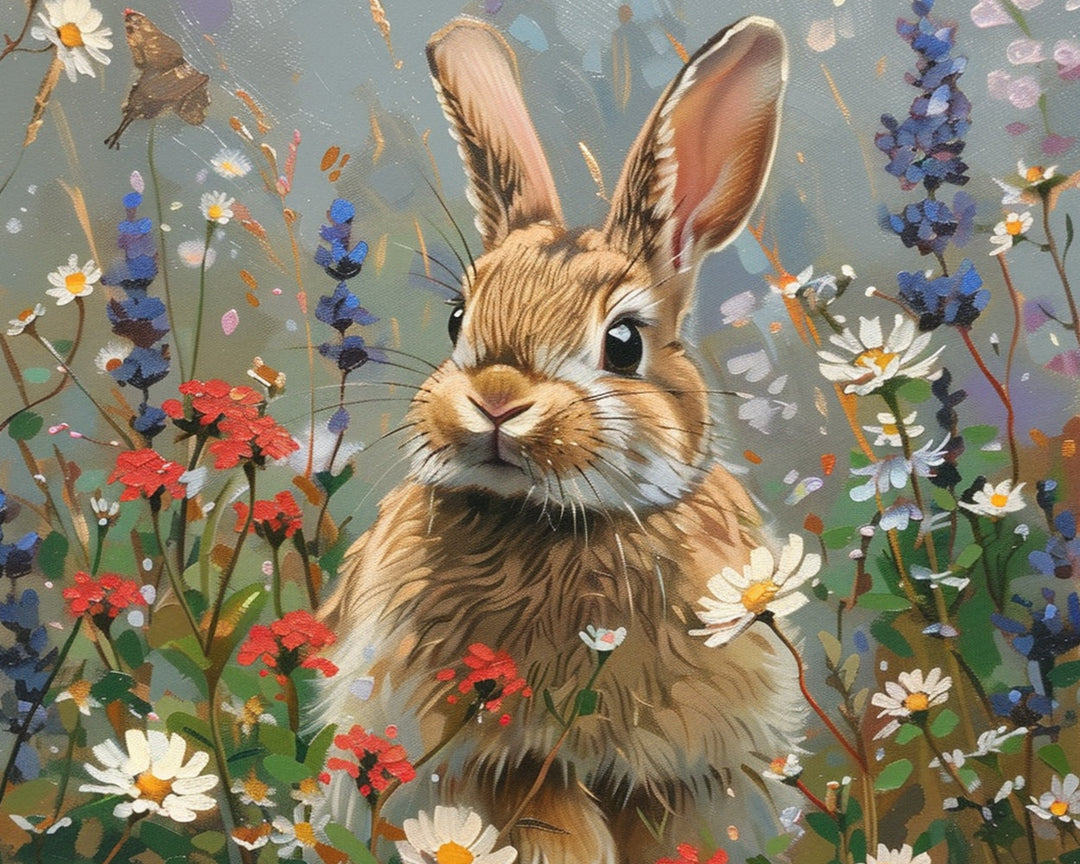 Grijs Konijn tussen Wilde Bloemen Diamond Painting