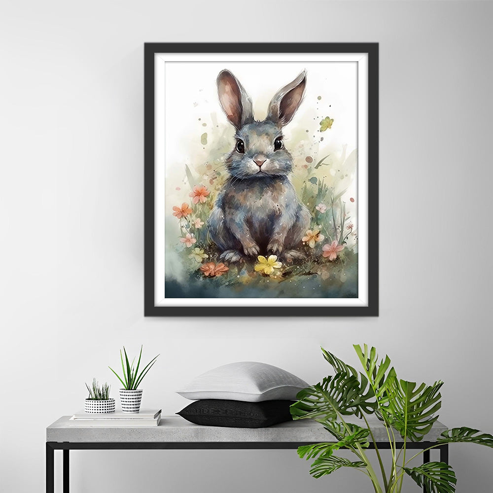 Grijze Konijn en Bloemen Diamond Painting