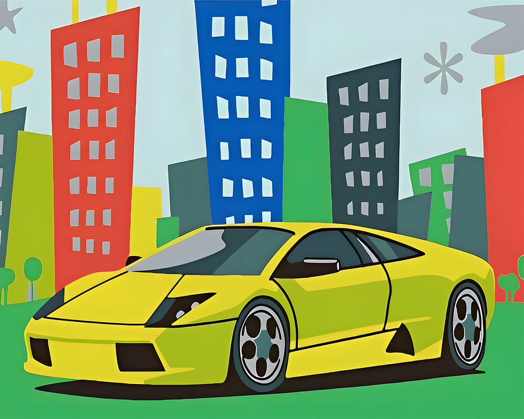 Groene Auto in de Stad Diamond Painting
