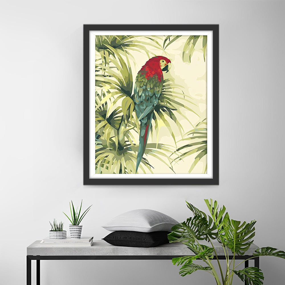 Groene Papegaai en Bladeren Diamond Painting