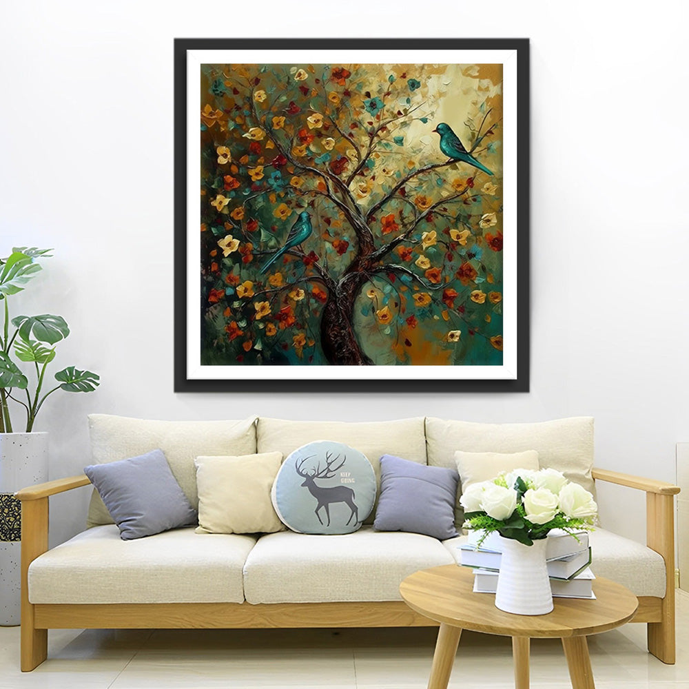 Groene Vogel op Bloemenboom Diamond Painting