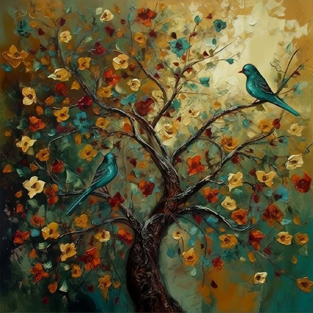 Groene Vogel op Bloemenboom Diamond Painting