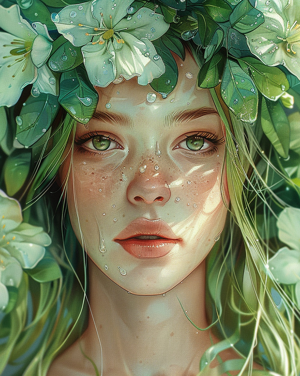 Groenogige Vrouwen en Groene Bloemen Diamond Painting