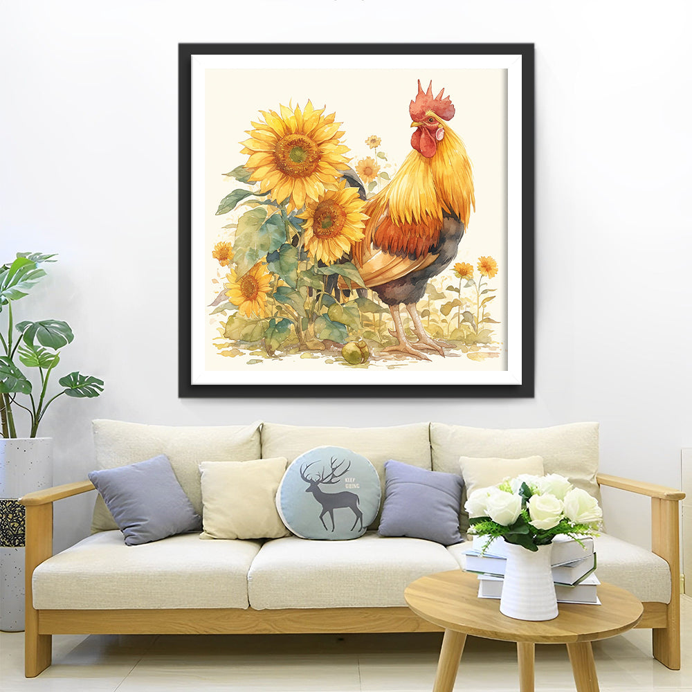 Haan in de Zonnebloemstruik Diamond Painting
