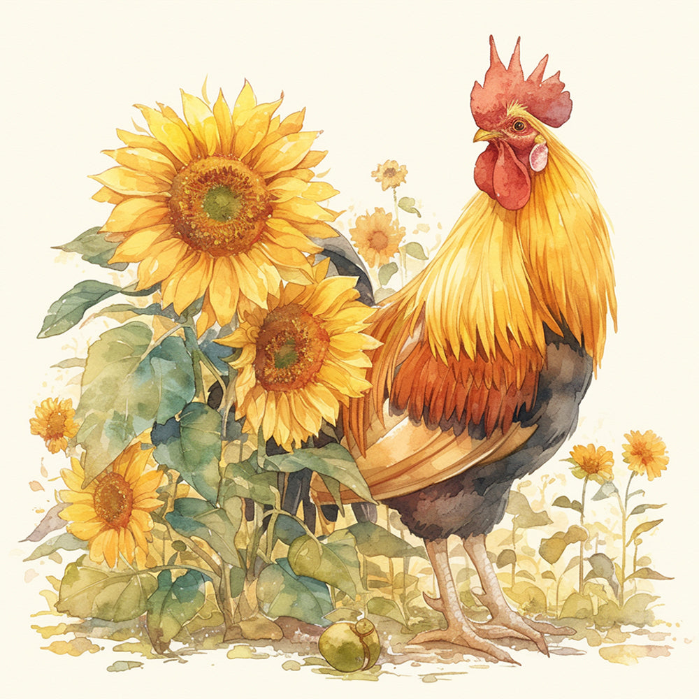 Haan in de Zonnebloemstruik Diamond Painting