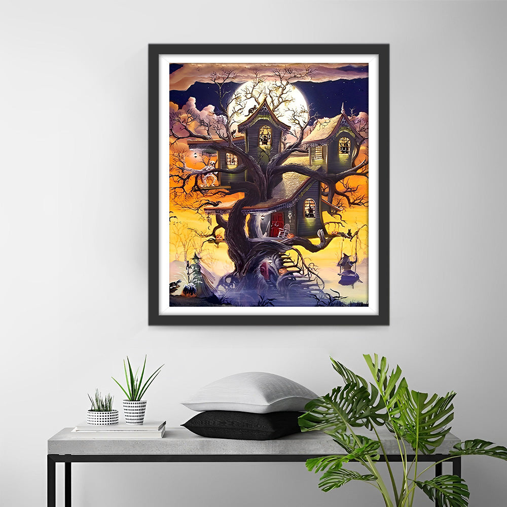 Halloween Boomhut en Heks op Schommel Diamond Painting