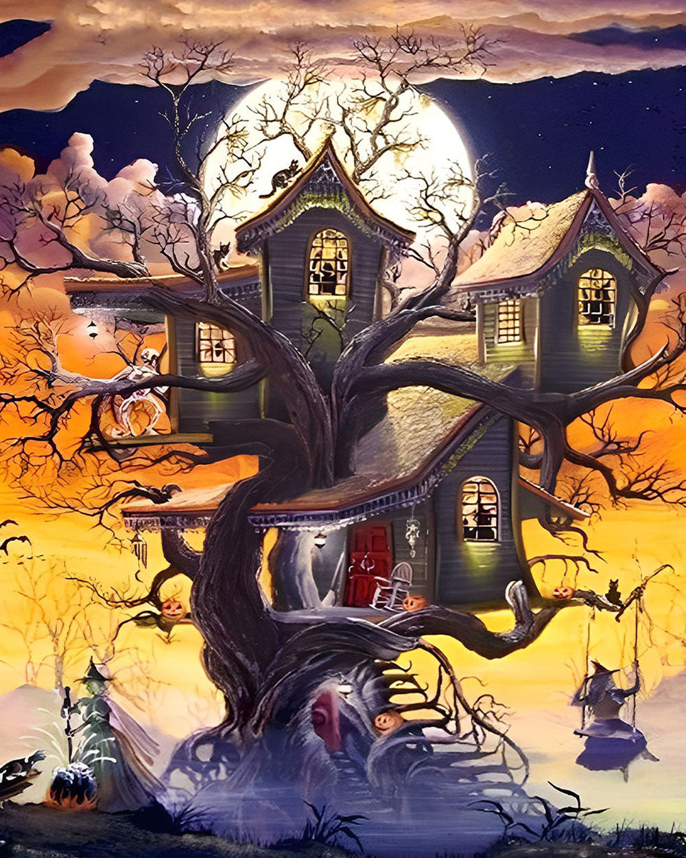 Halloween Boomhut en Heks op Schommel Diamond Painting