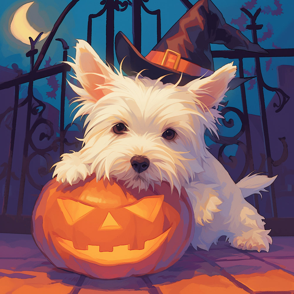 Halloween-Pompoenen en West Highland White Dog Diamond Painting