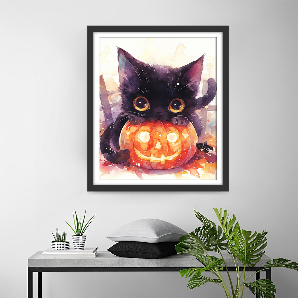 Halloween Zwart Katje en Lachende Pompoen Diamond Painting