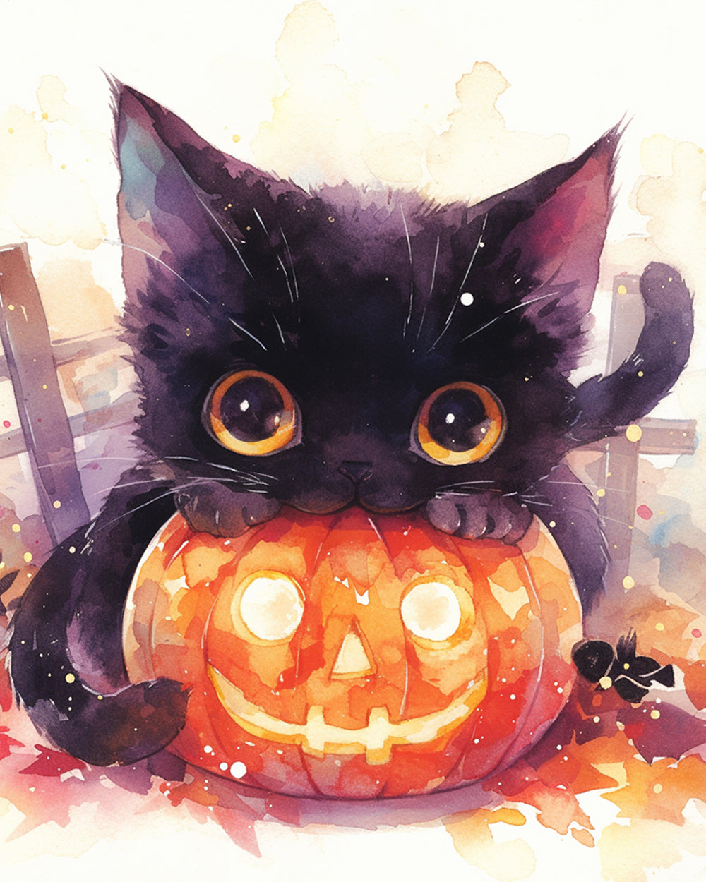 Halloween Zwart Katje en Lachende Pompoen Diamond Painting