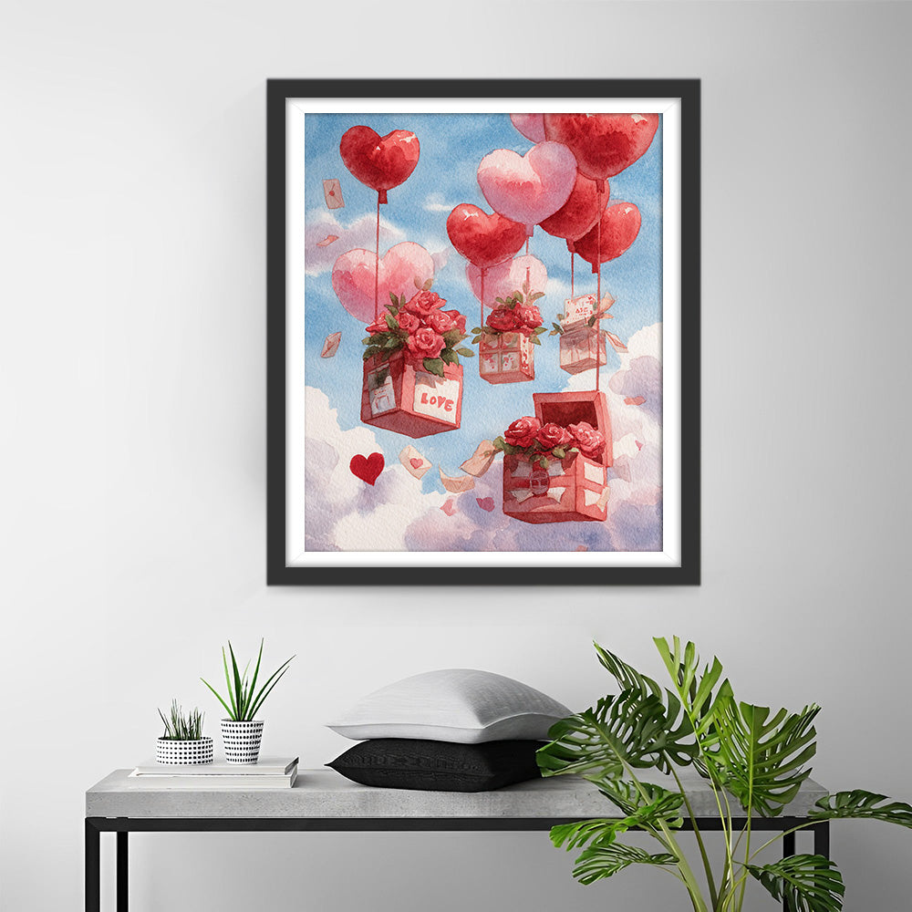 Hartvormige Ballonnen en Rozen Cadeauboxen Diamond Painting