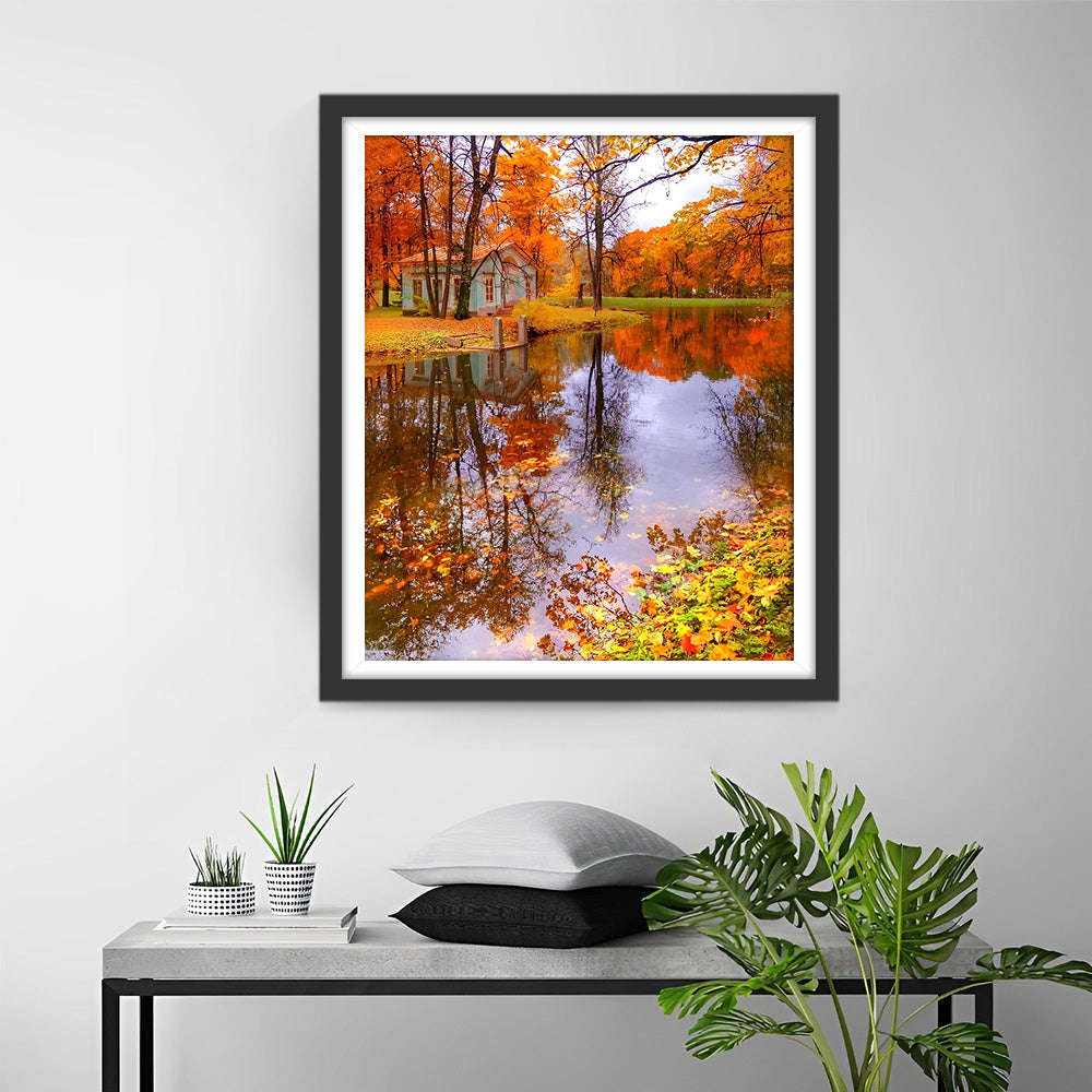 Herfst Esdoorn Bos en Reflectie Diamond Painting