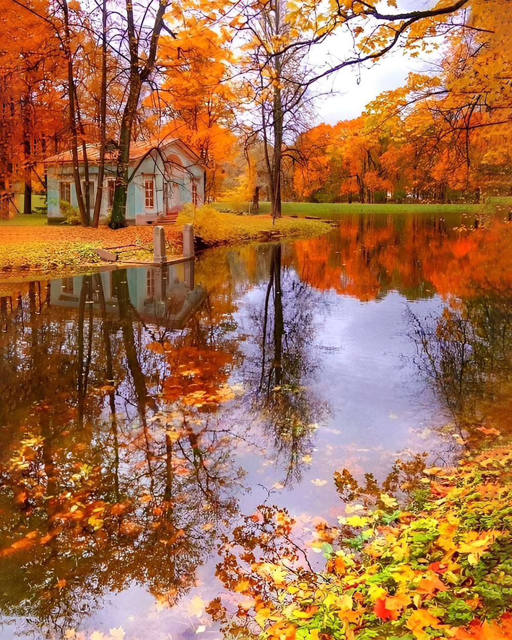 Herfst Esdoorn Bos en Reflectie Diamond Painting