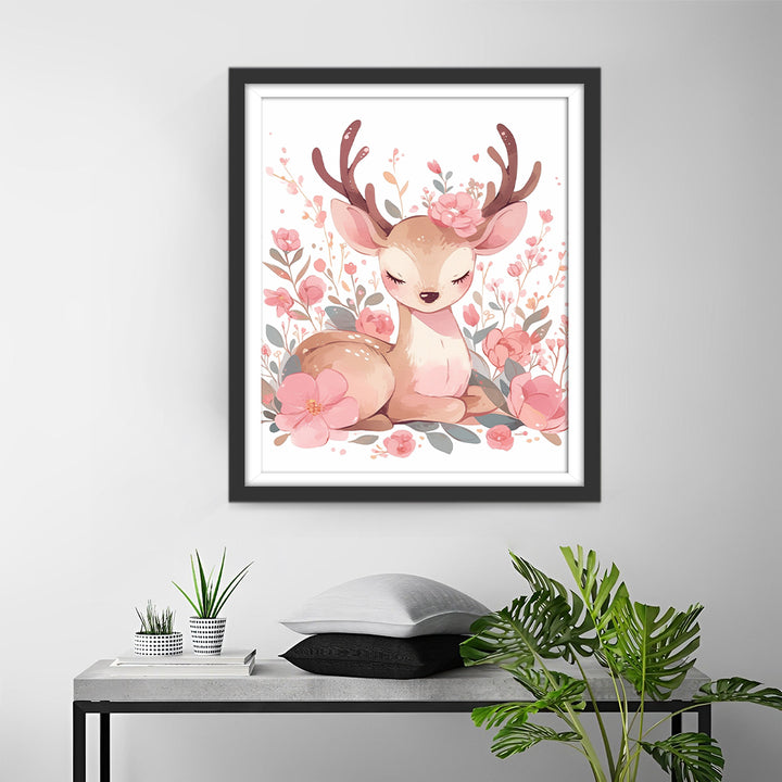 Hert in een Roze Bloemenstruik Diamond Painting