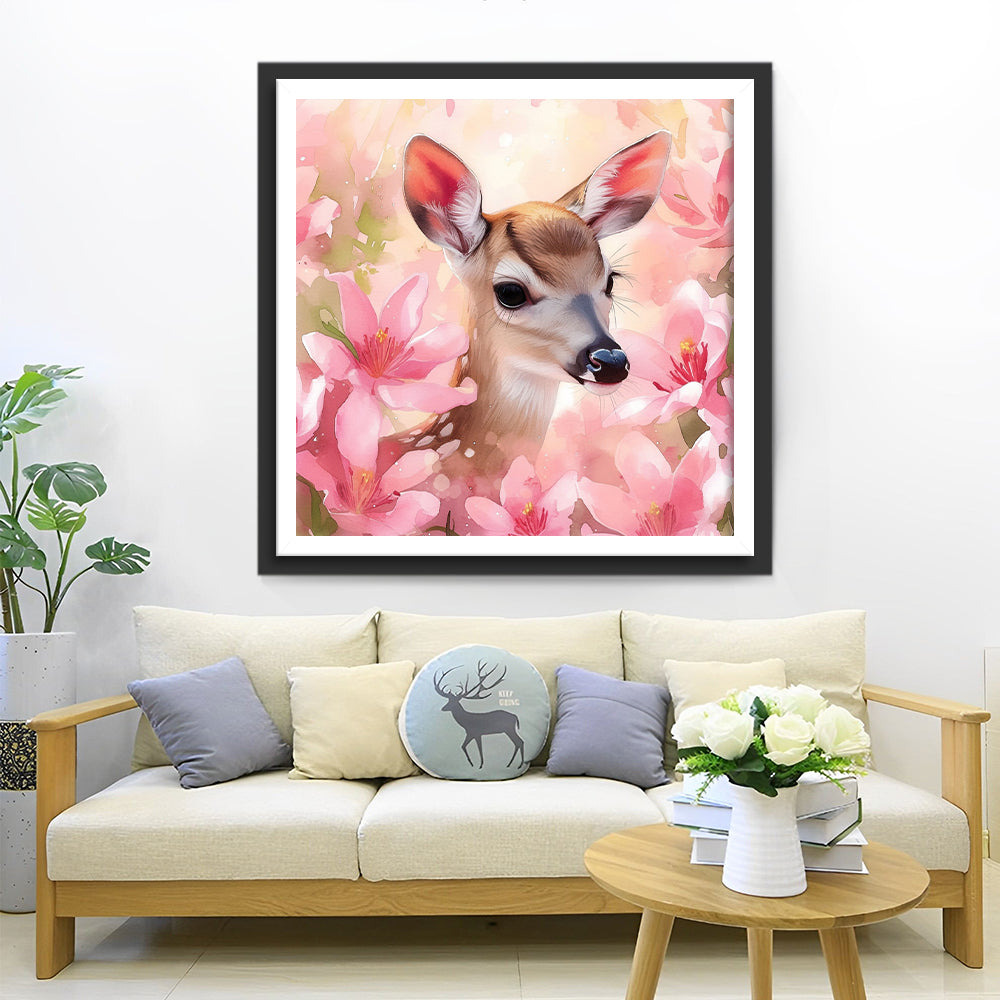 Hert in Roze Bloemenstruik Diamond Painting