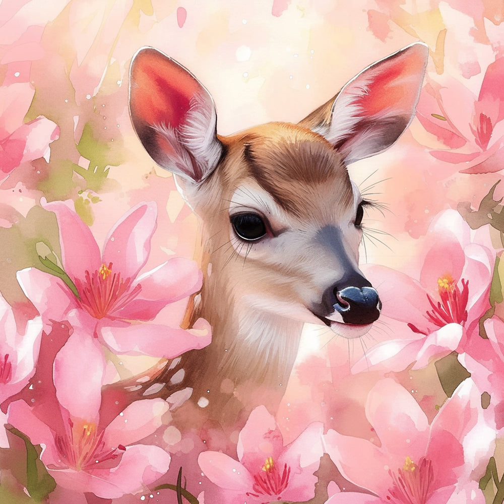 Hert in Roze Bloemenstruik Diamond Painting