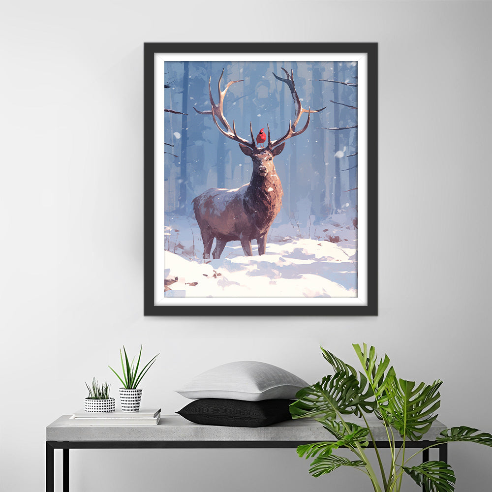 Hert met een Rode Vogel op zijn Hoofd Diamond Painting