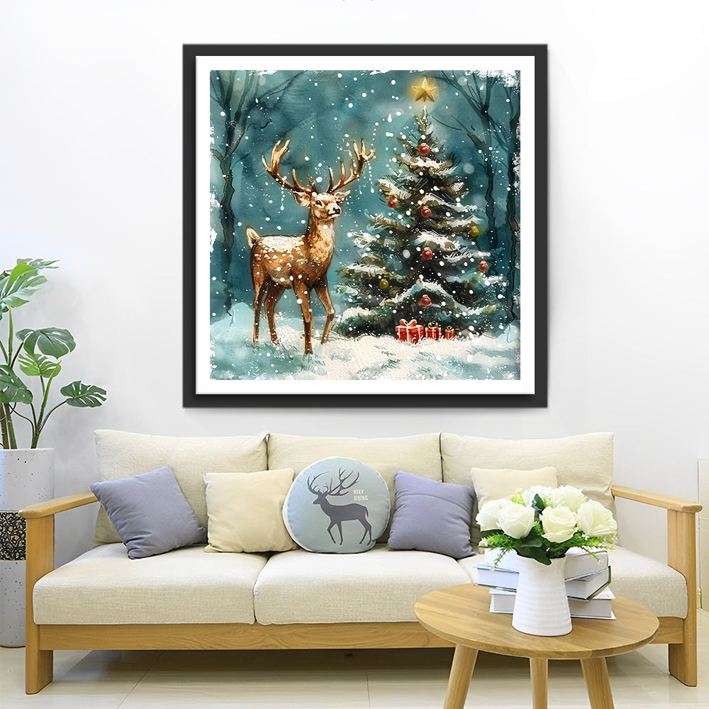 Hert naast de Kerstboom Diamond Painting