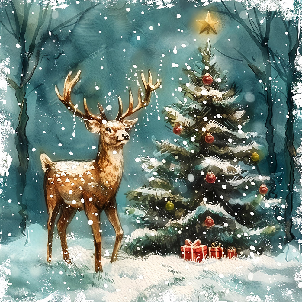 Hert naast de Kerstboom Diamond Painting
