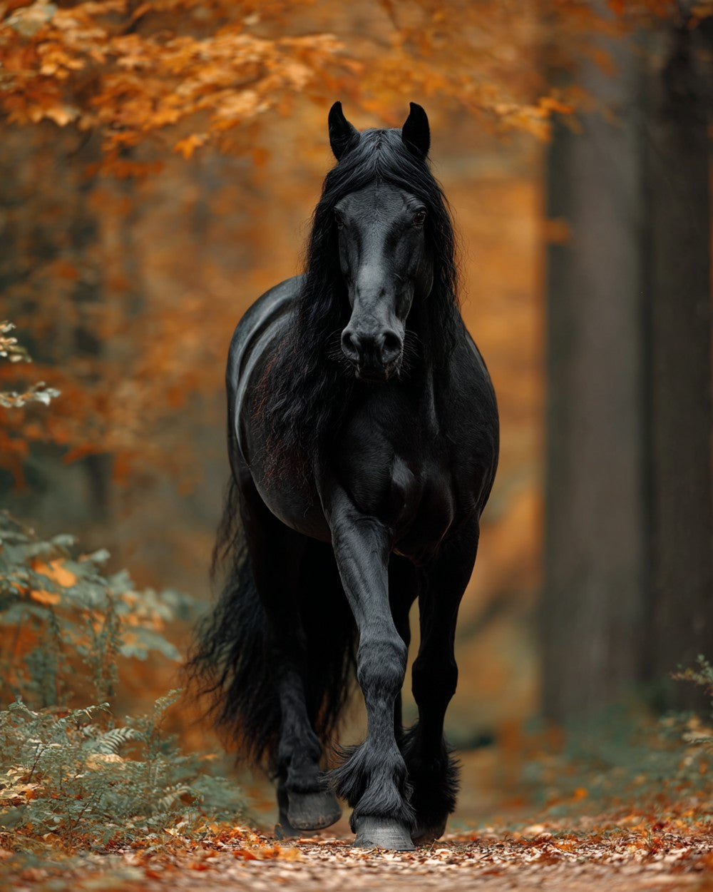 Het Atletische Zwarte Paard in het Herfstbos Diamond Painting