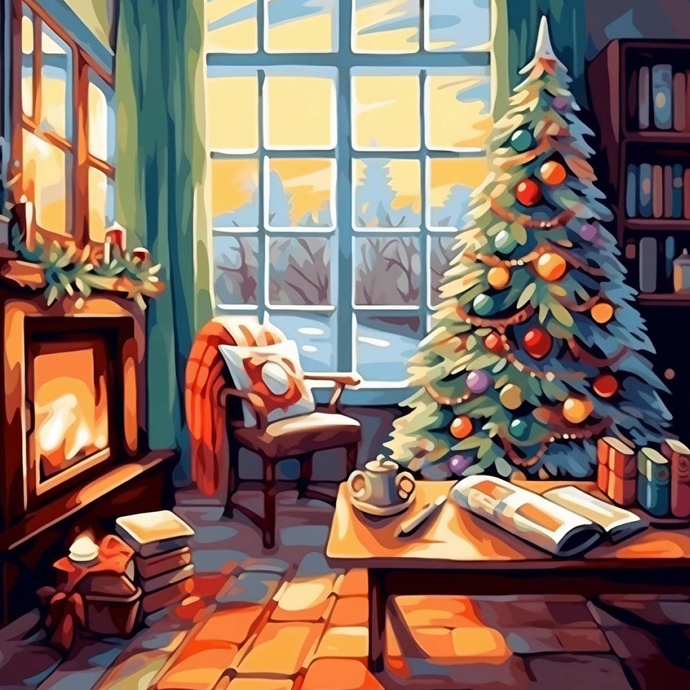 Hoge Kerstboom bij het Raam Diamond Painting