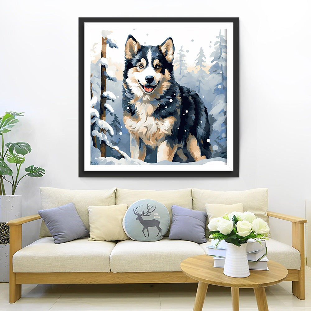 Hond in het Besneeuwde Bos Diamond Painting