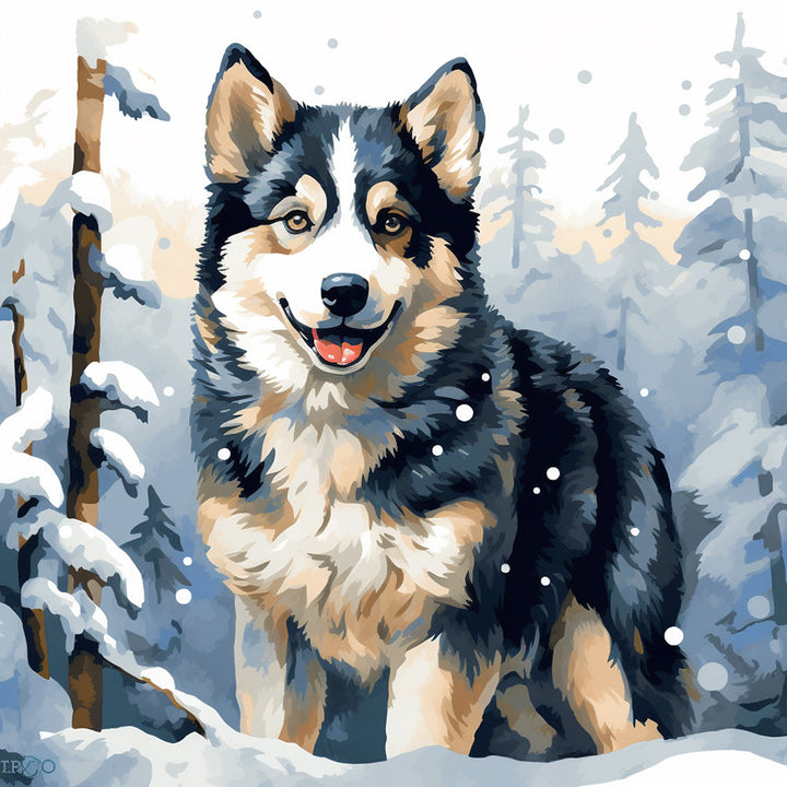 Hond in het Besneeuwde Bos Diamond Painting
