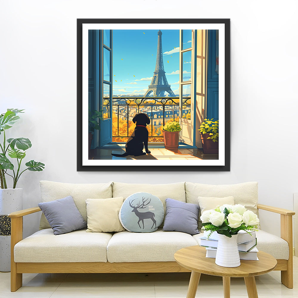 Hond kijkt naar de Eiffeltoren vanuit het Raam Diamond Painting