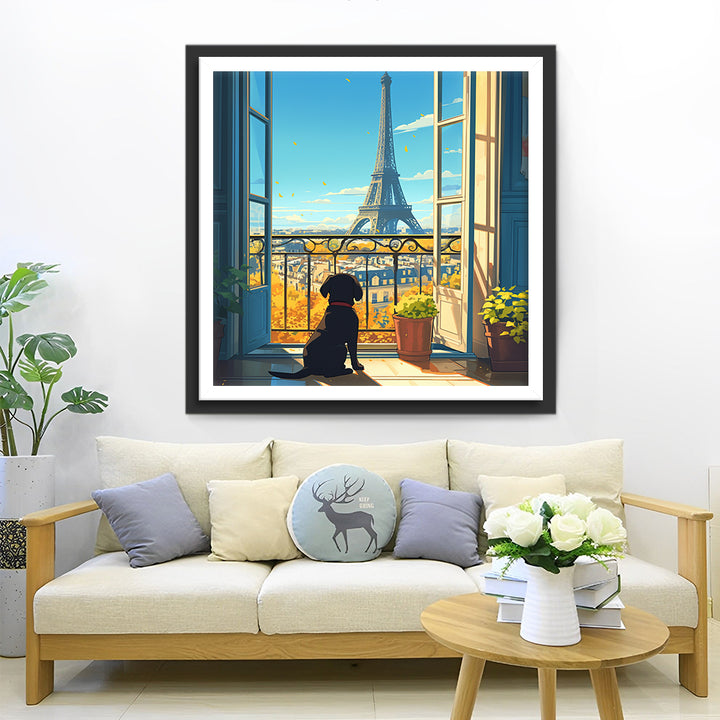 Hond kijkt naar de Eiffeltoren vanuit het Raam Diamond Painting