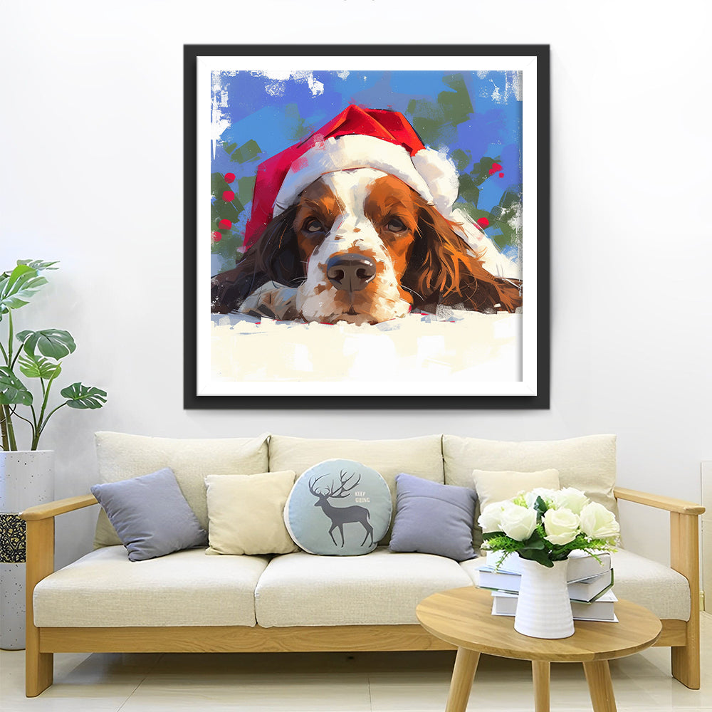 Hond met Kerstmuts in de Sneeuw Diamond Painting
