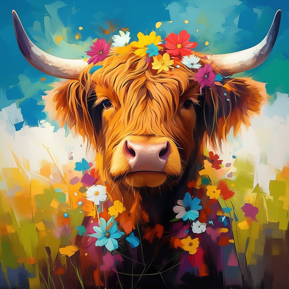 Hooglandkoe en Bloemetjes Diamond Painting