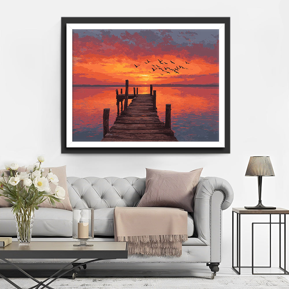 Houten Brug bij het Meer bij Zonsondergang Diamond Painting