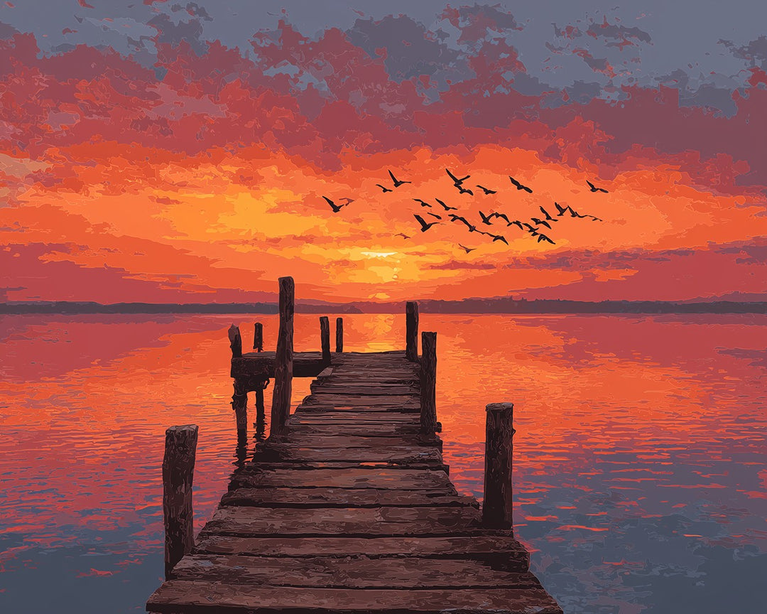 Houten Brug bij het Meer bij Zonsondergang Diamond Painting