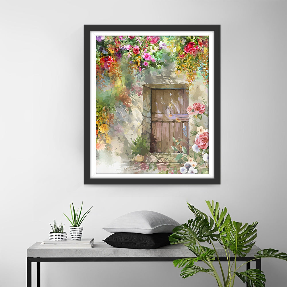 Houten Deur Vol Bloemen Diamond Painting