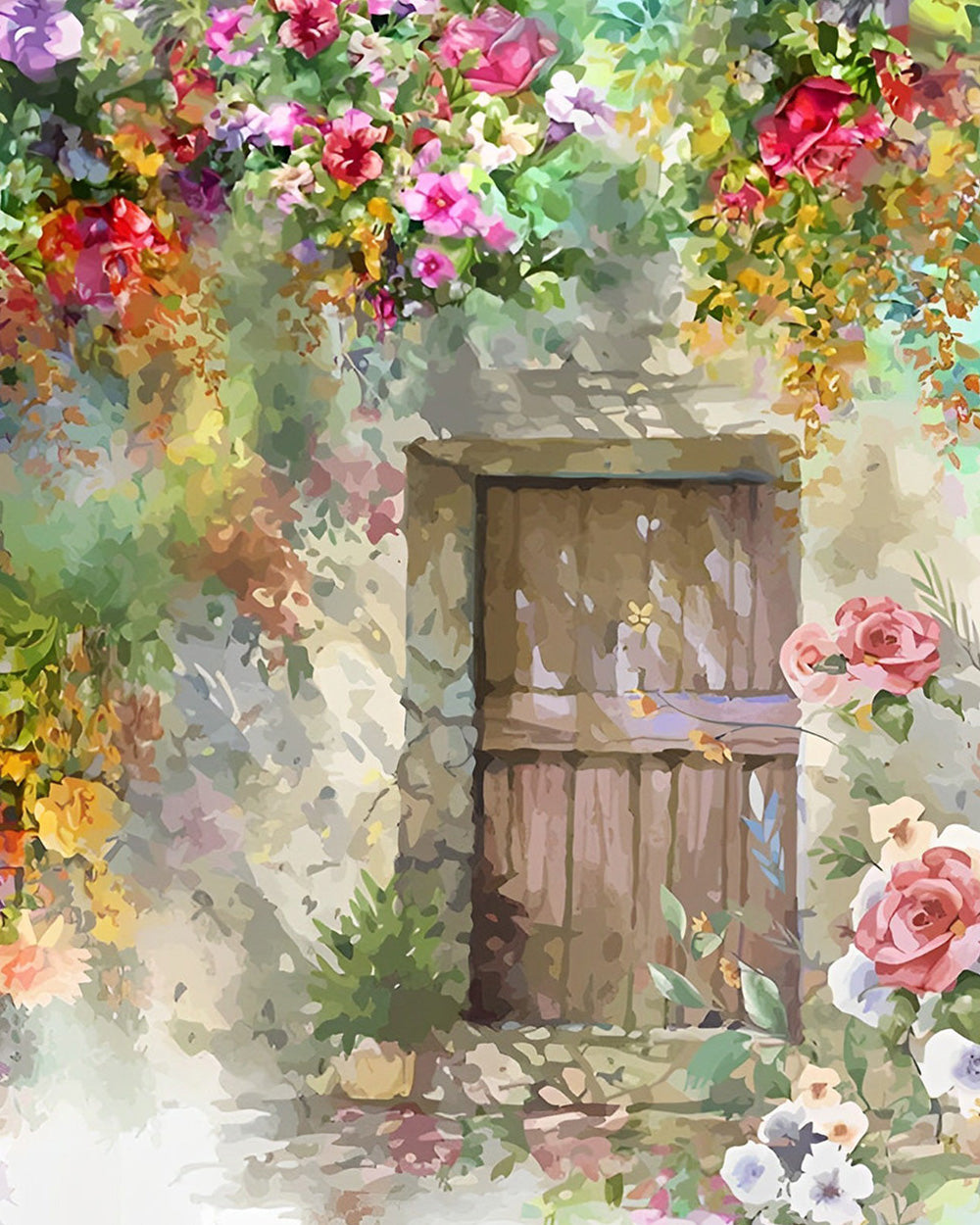 Houten Deur Vol Bloemen Diamond Painting